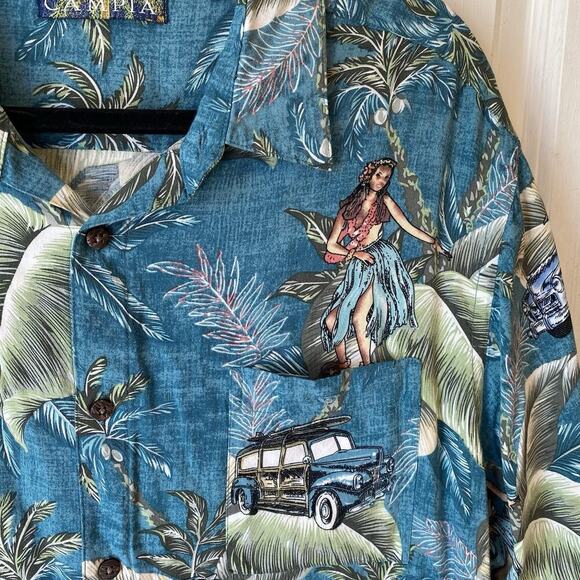 Campia Men M Hawaiian Button Up Short Sleeves Shirt Retro Car Houla Girl Beach - Picture 5 of 7